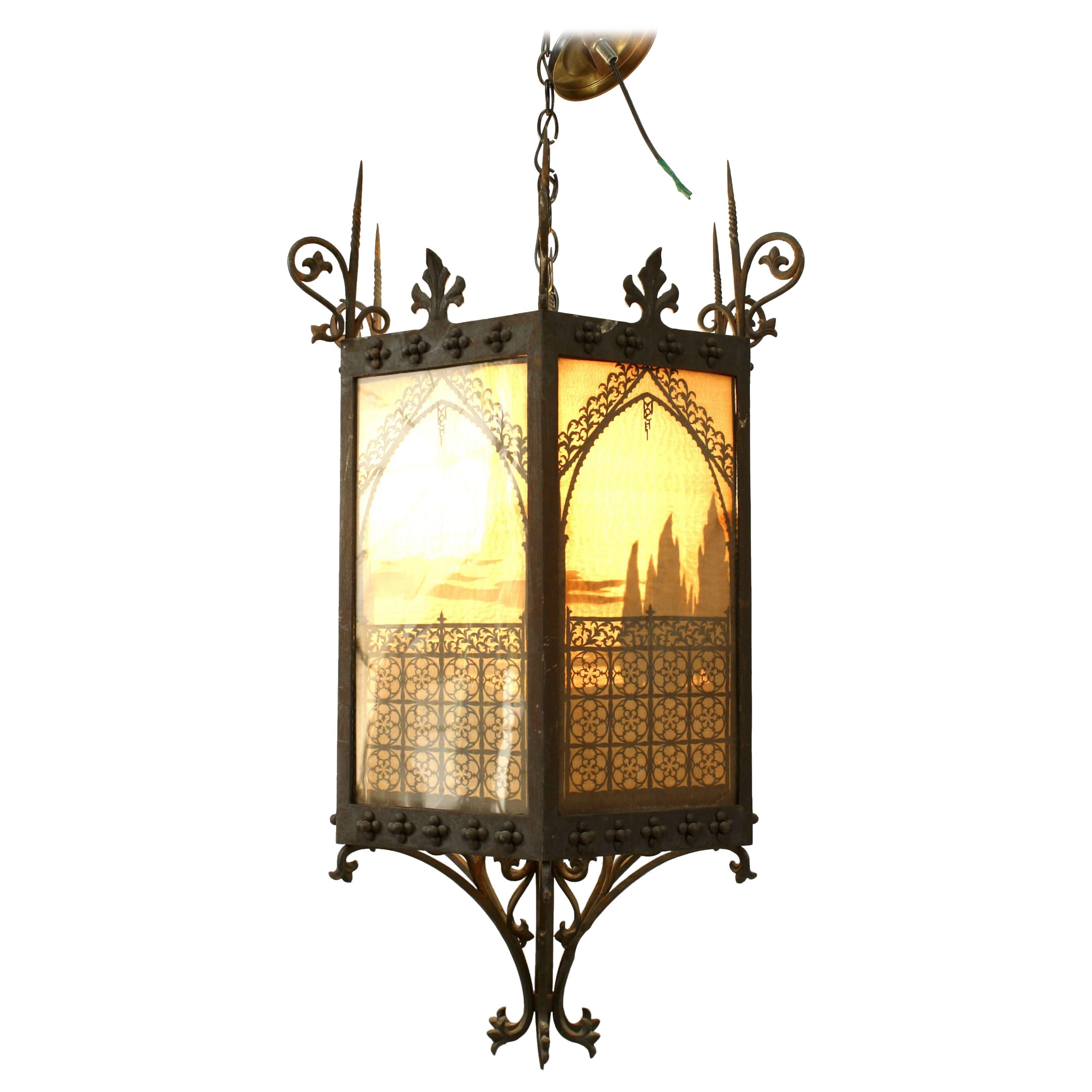2 Italian Renaissance Style iron and Glass Hanging Lanterns For Sale