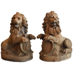 Antique Pair of 19th Century Terracotta Seated Lions