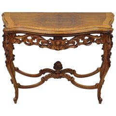 Antique French Louis XV Style Carved Walnut Banded Top Small Console Hall Table