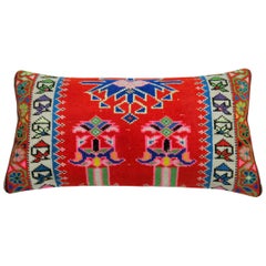 Vibrant Red and Blue Large Vintage Turkish Bolster Size Rug Pillow