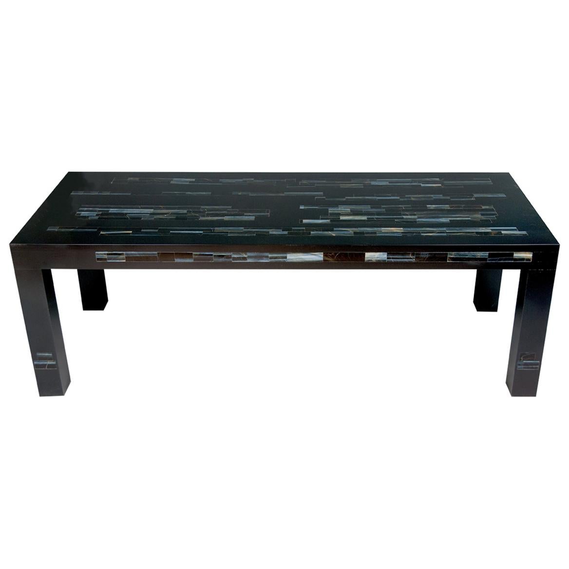 A  Black Parson's Style Coffee Table With Inlaid Genuine Blue Tiger Eye Stone For Sale