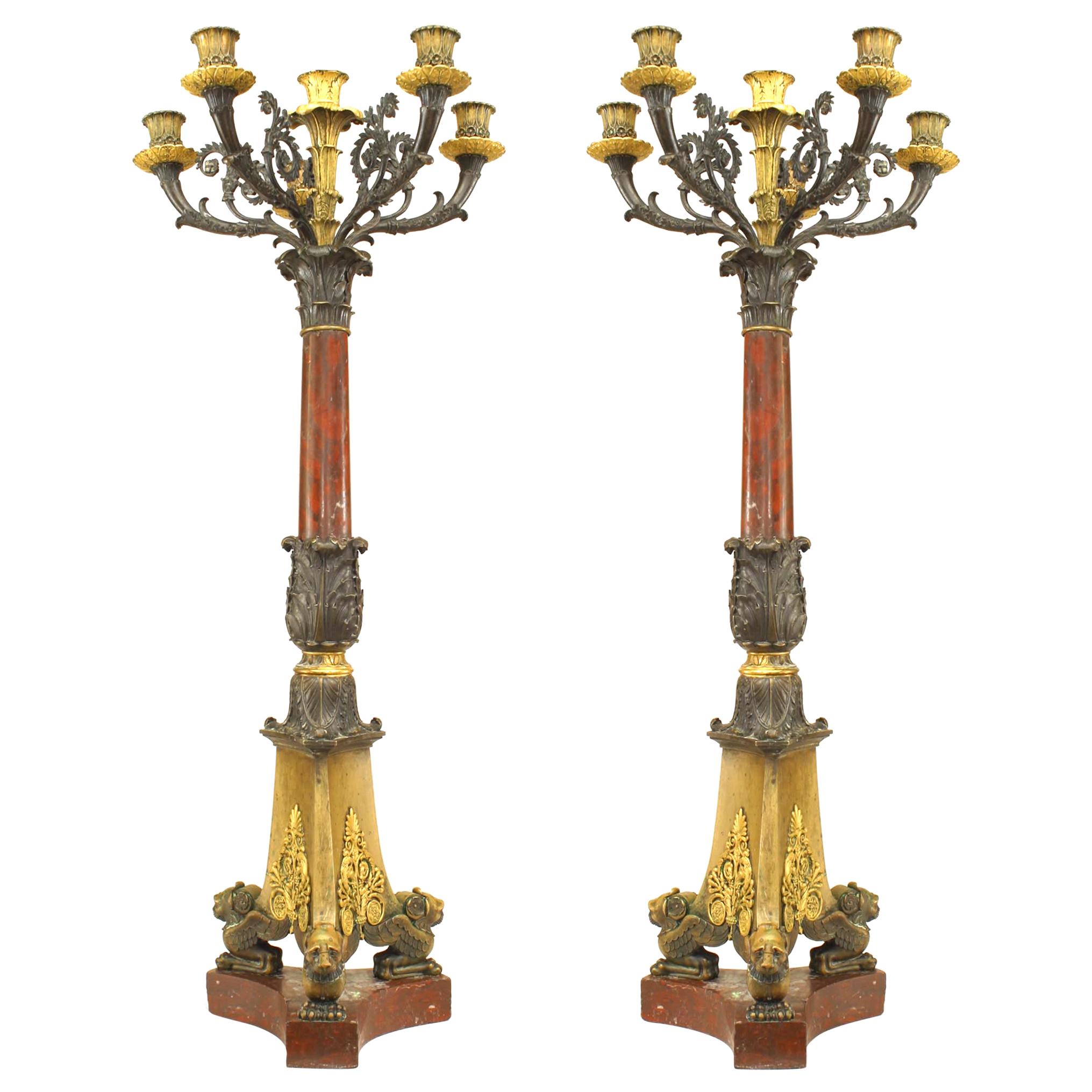 Pair of French Empire Bronze and Rouge Marble Candelabras