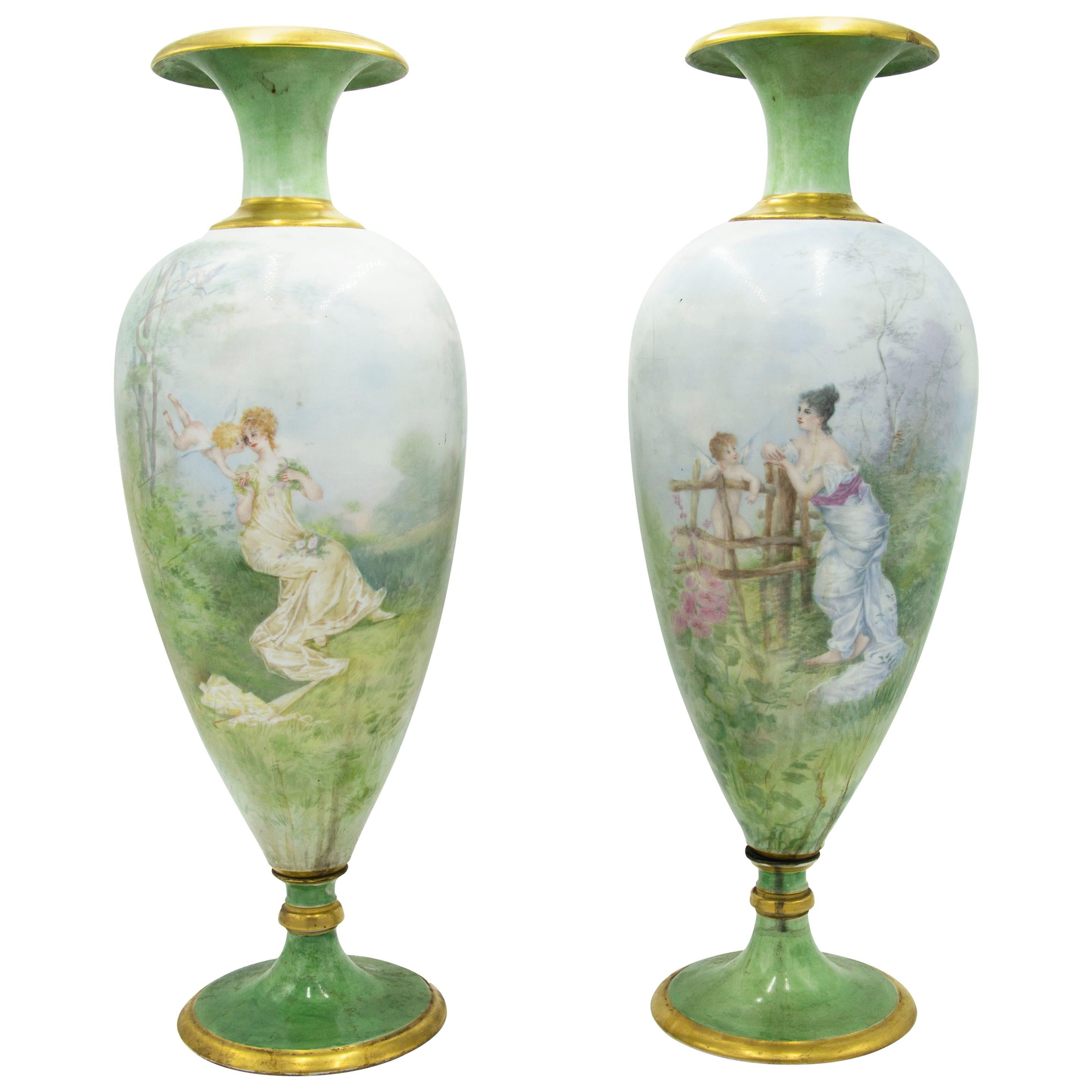 Pair of French Victorian Green Limoges Porcelain Vases