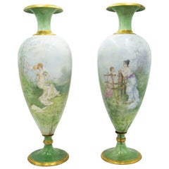 Antique Pair of French Victorian Green Limoges Porcelain Vases