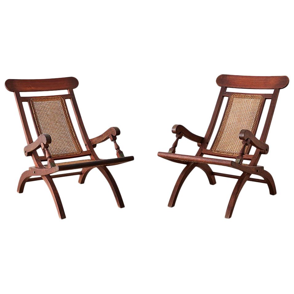 Pair of Mahogany Campaign Style Folding Plantation Chairs