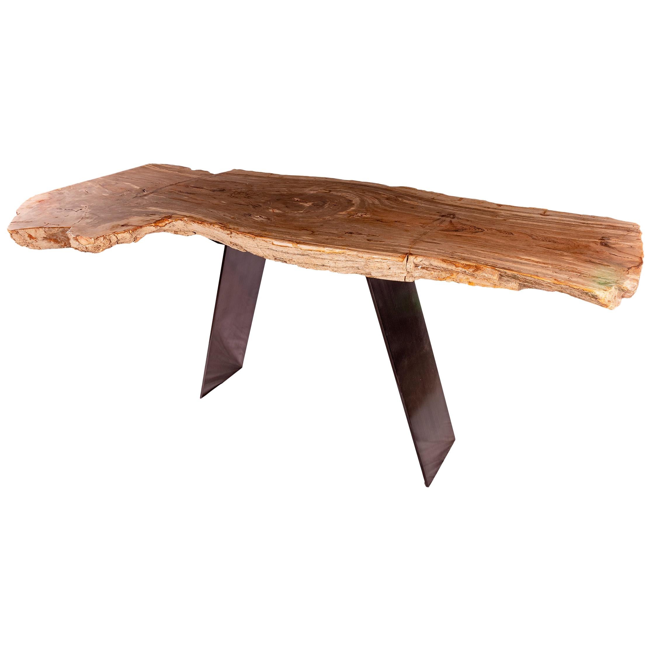 Table console en bois pétrifié avec base en métal