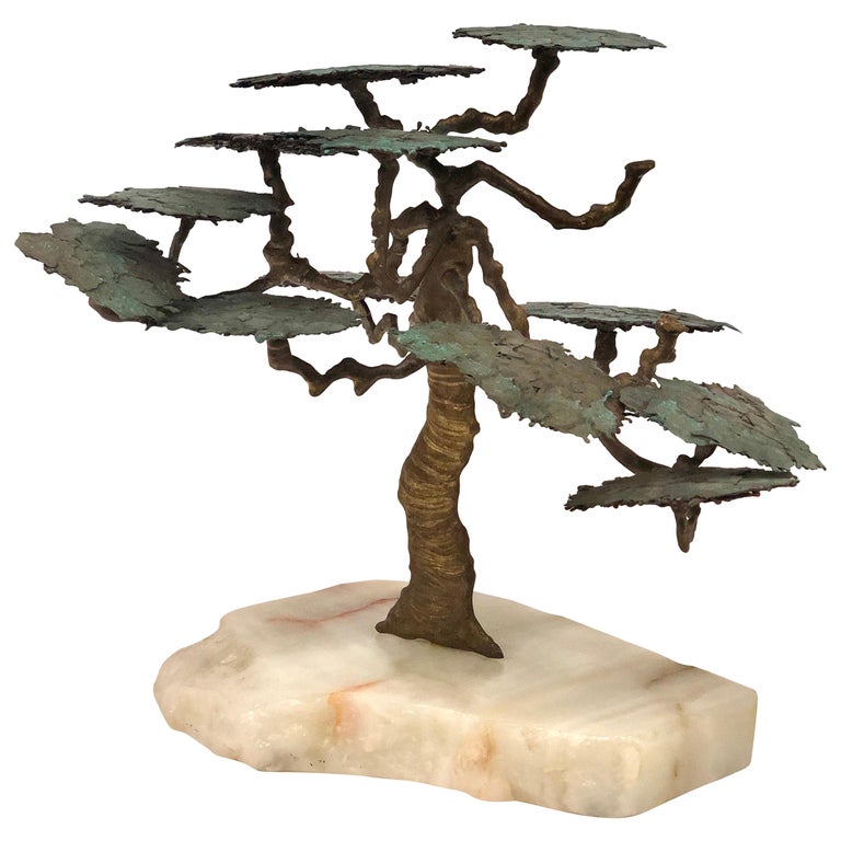 1970s Bronze Abstract Tree Brutalist Table Sculpture on Raw Marble Base