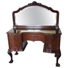 Antique Chippendale Ball & Claw Mahogany Wood Dressing Table with Mirror, 19th Century