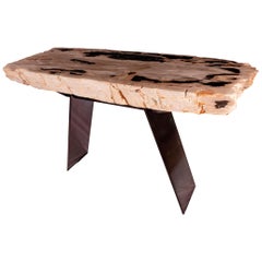 Table console:: forme organique naturelle:: bois pétrifié avec base en métal