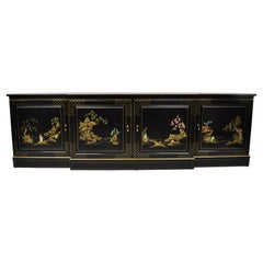 Vintage Oriental Hand Painted Black Lacquer Japanned Low Credenza Cabinet