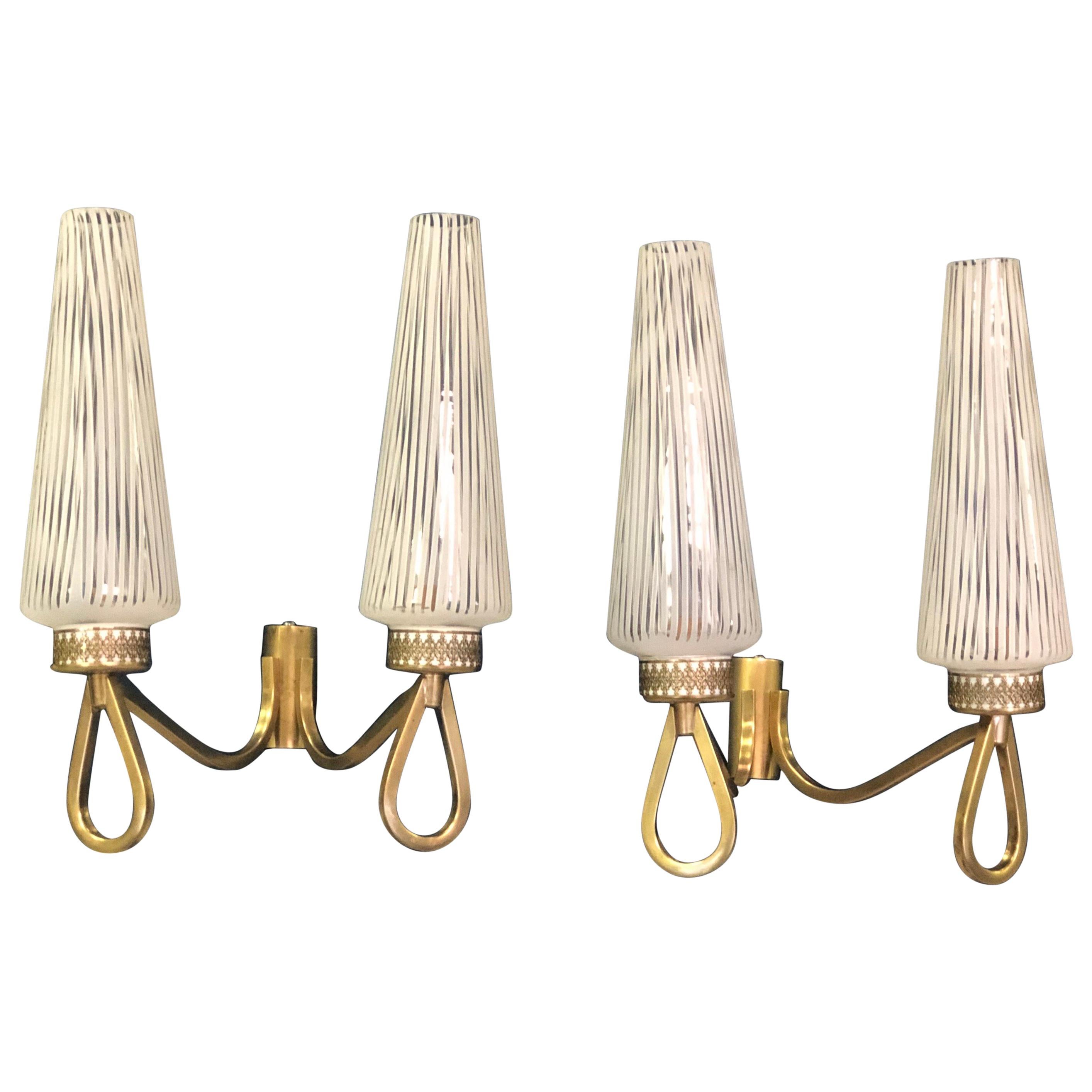 Pair of Double Arm Italian Midcentury Murano Sconces with Glass by Venini