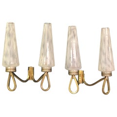 Pair of Double Arm Italian Midcentury Murano Sconces with Glass by Venini