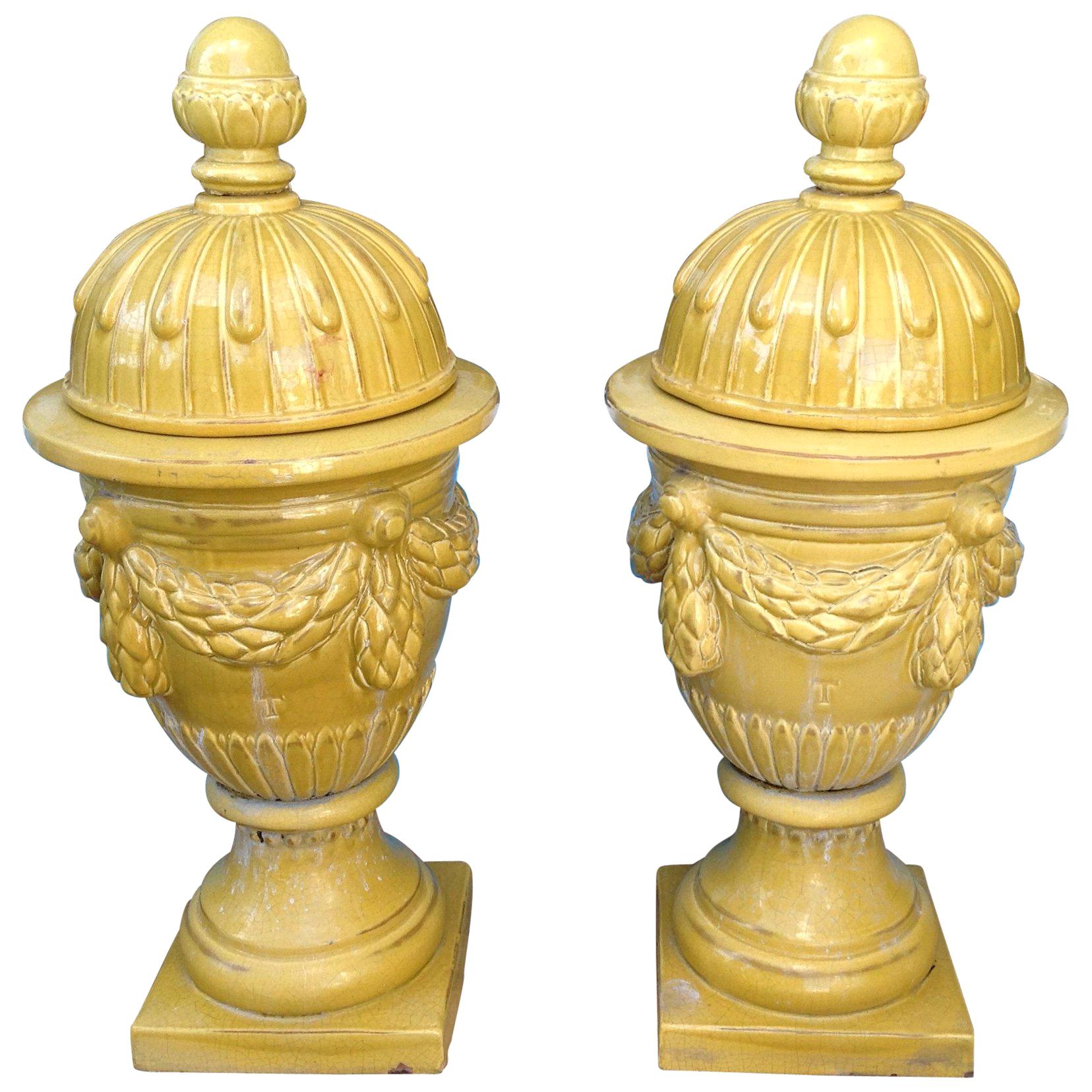 Pair of Massive Glazed Terracotta Garden Urns at 1stDibs
