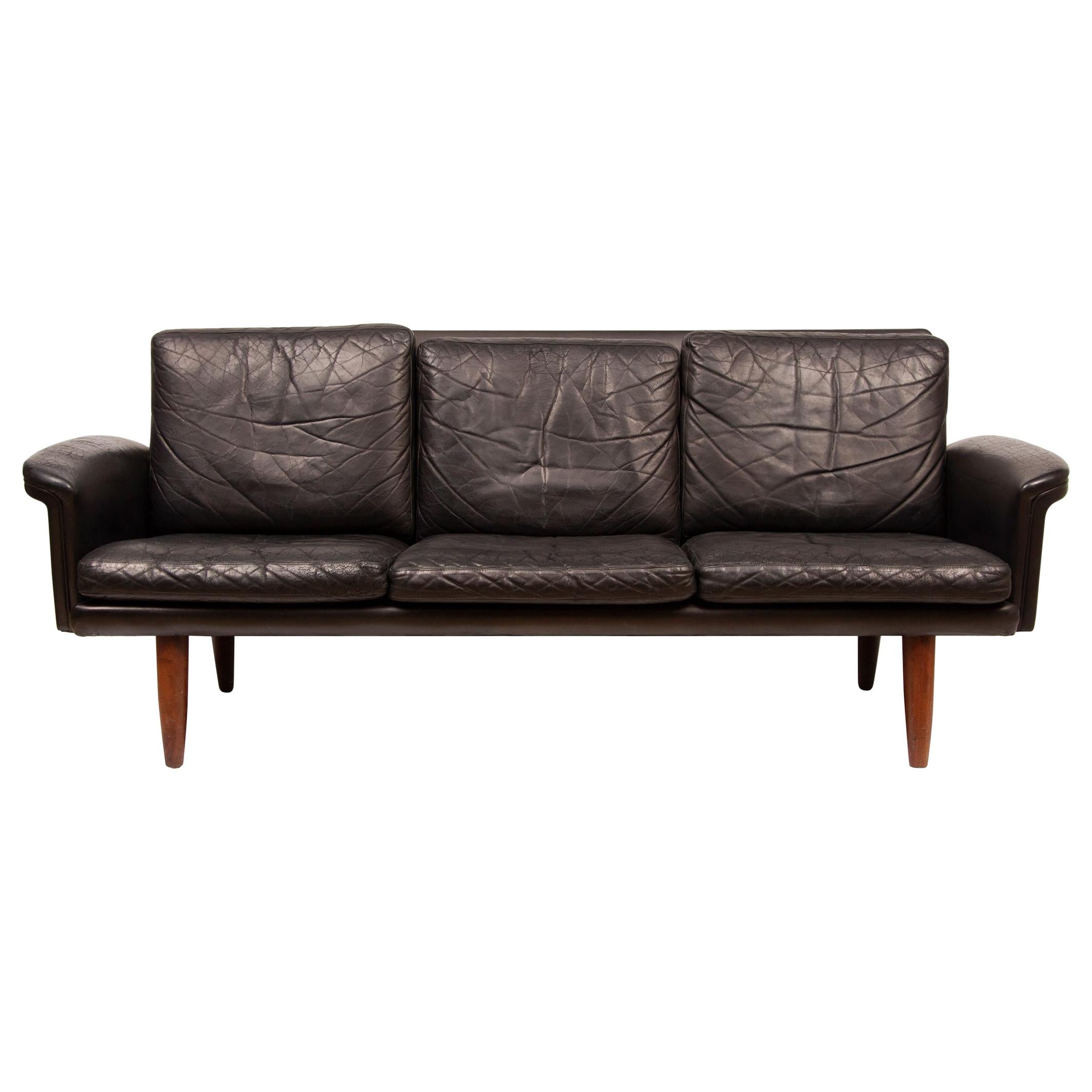Midcentury Danish Black Leather Three-Seat Sofa, 1960s