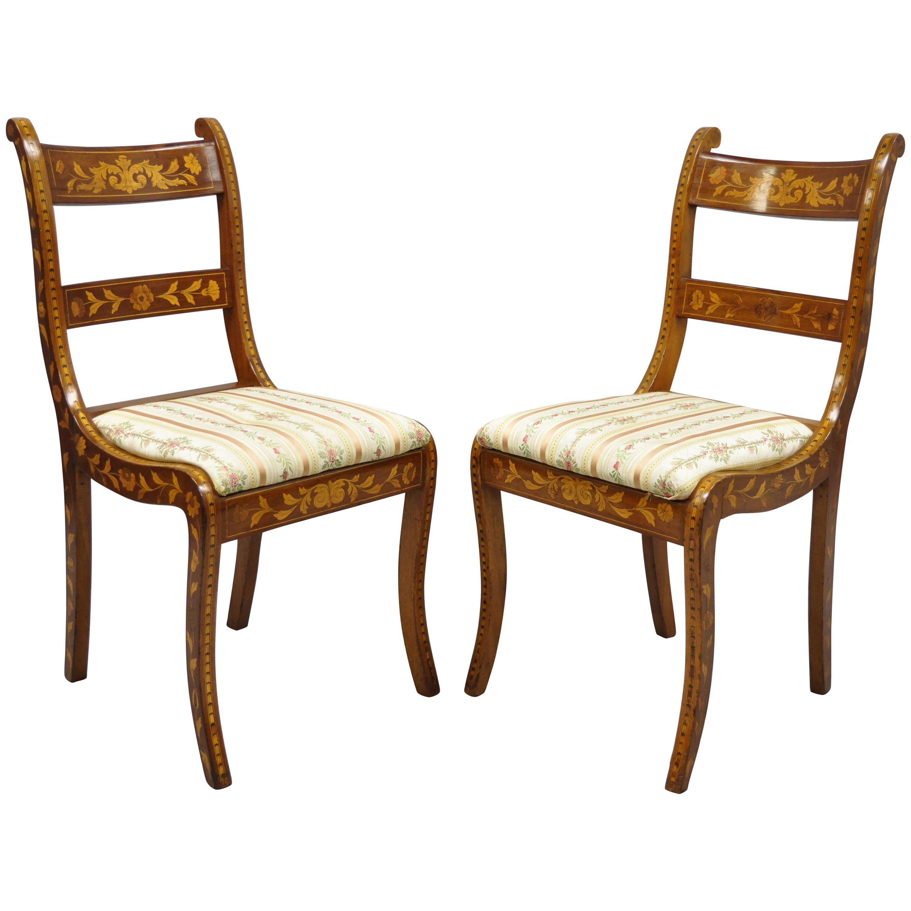 Pair of 19th Century Satinwood Dutch Marquetry Inlay Regency Side Chairs