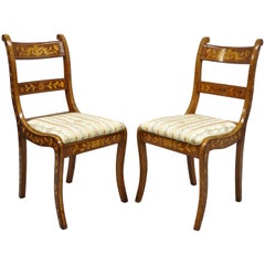 Pair of 19th Century Satinwood Dutch Marquetry Inlay Regency Side Chairs