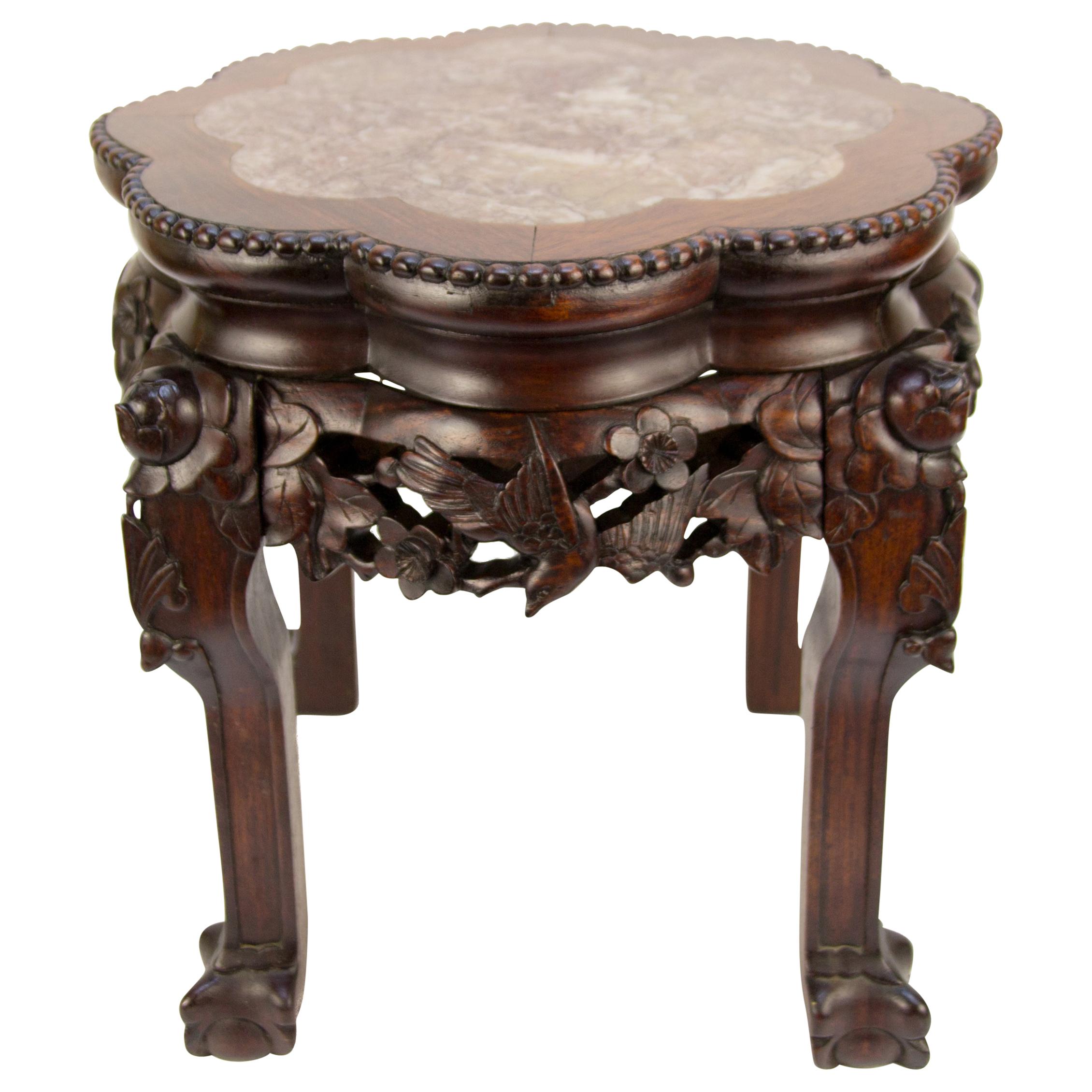 Chinese Carved Hardwood Pot Stand with Shaped Marble Inlaid Top