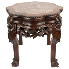 Chinese Carved Hardwood Pot Stand with Shaped Marble Inlaid Top