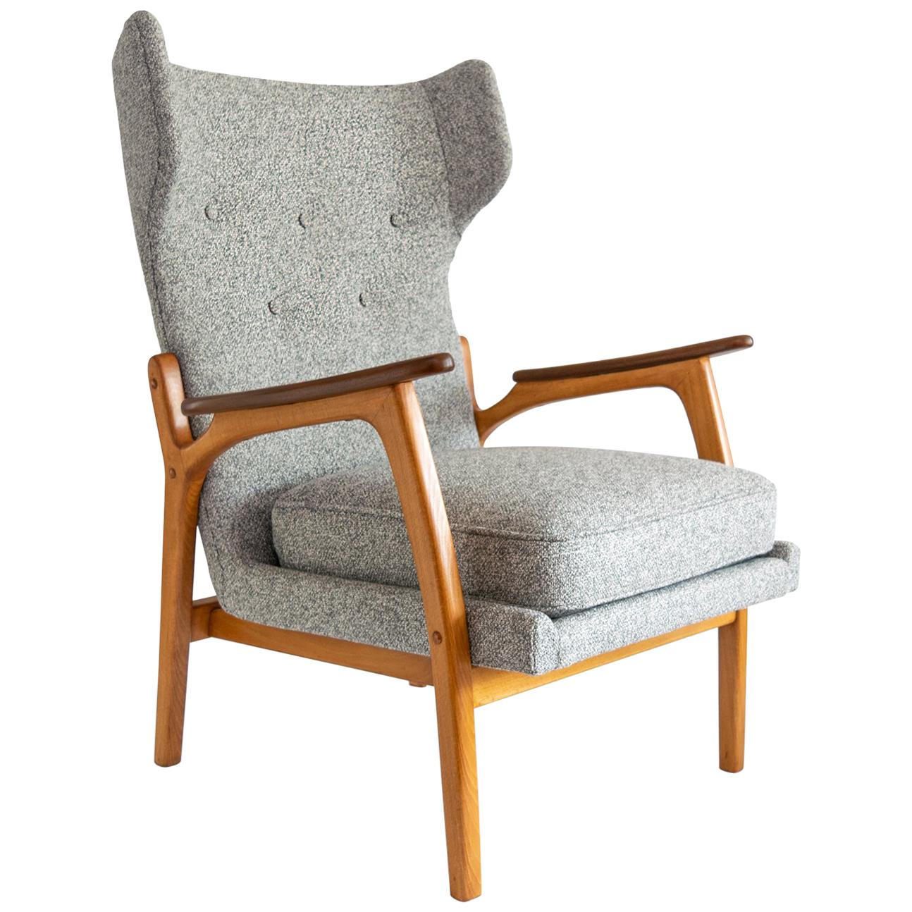 Scandinavian Modern Wingback Chair with a Solid Beech Wood Frame and Teak Arms
