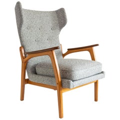 Scandinavian Modern Wingback Chair with a Solid Beech Wood Frame and Teak Arms