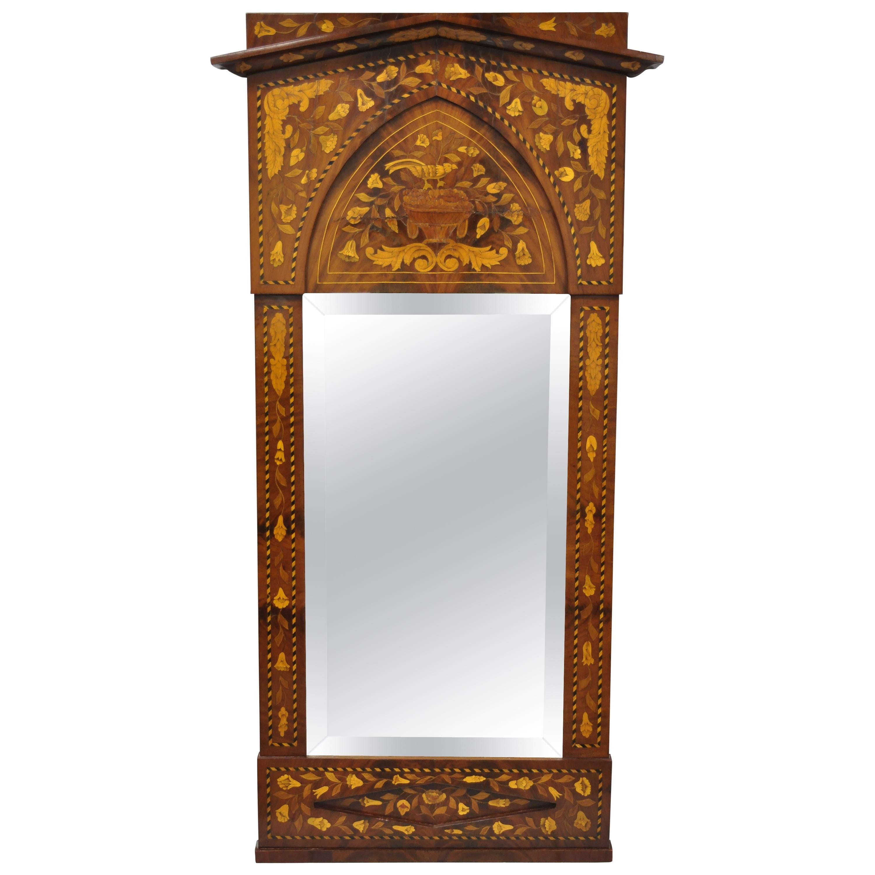 19th Century Satinwood Dutch Marquetry Inlaid Beveled Glass Console Wall Mirror