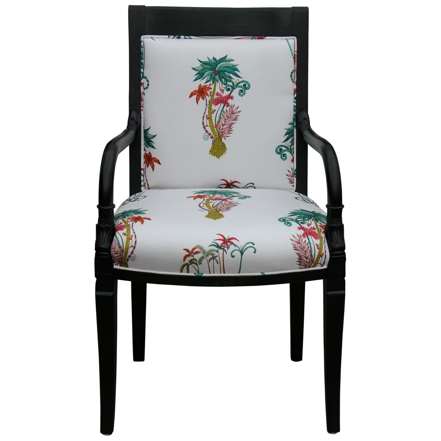 Custom Green Dyed French Armchair with Tropical Palm Tree Upholstery