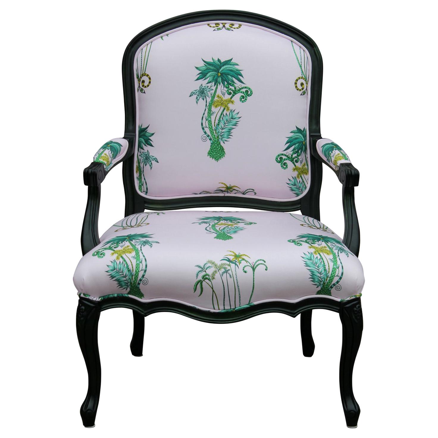 Custom Green Dyed French Armchair with Tropical Palm Tree Upholstery For Sale