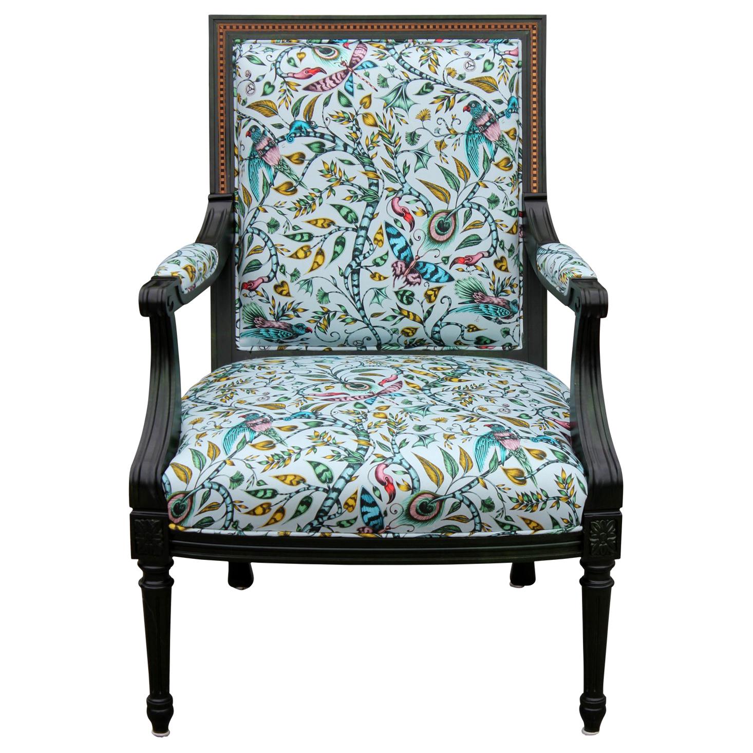 Custom Green Dyed French Armchair with Tropical Animalia Upholstery