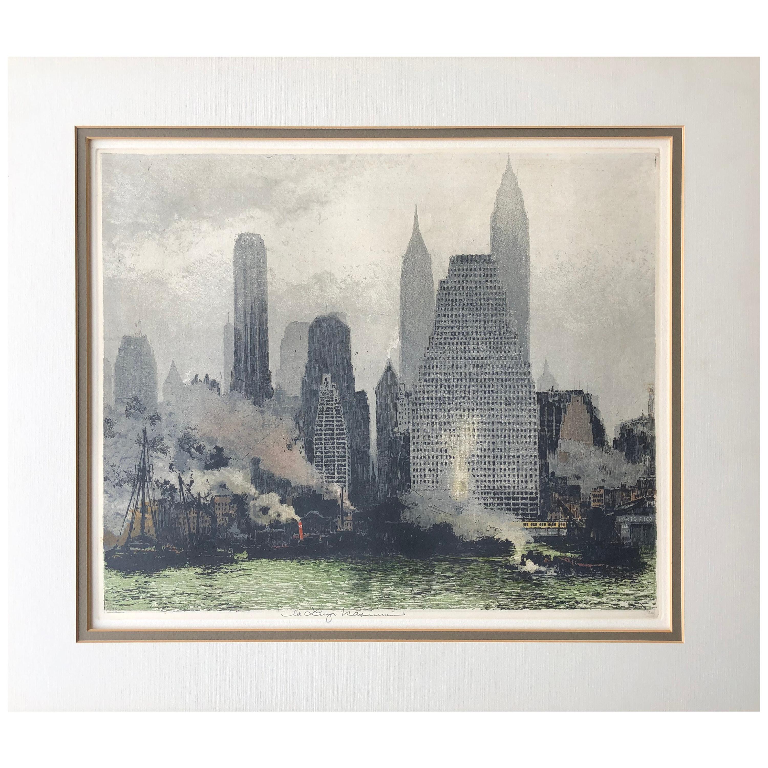 Luigi Kasimir, New York Fog and Mist, 1936, Skyline, Estate Signed, Etching For Sale