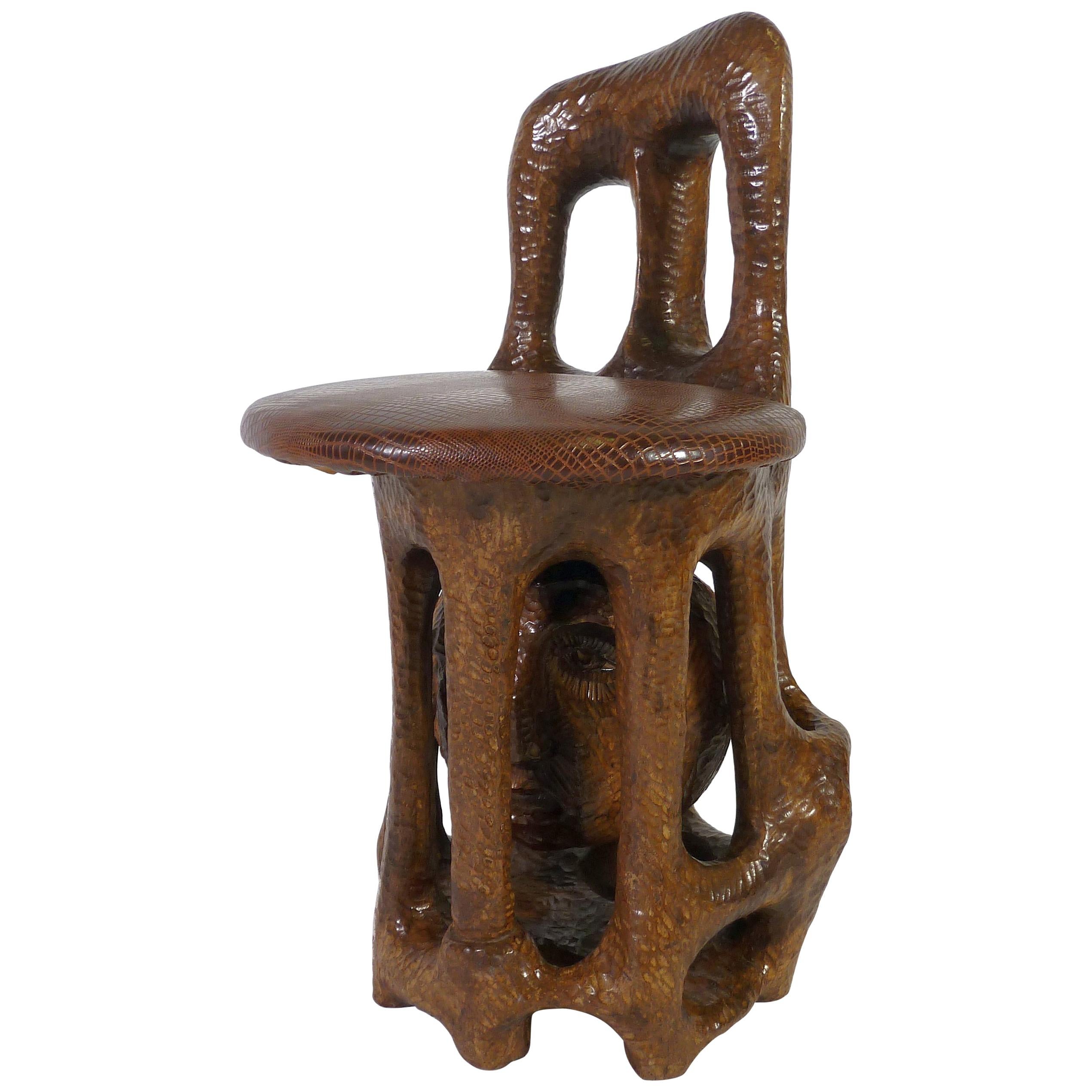 Unique Sol Garson Signed Hand Carved Wood Sculptural Chair For Sale