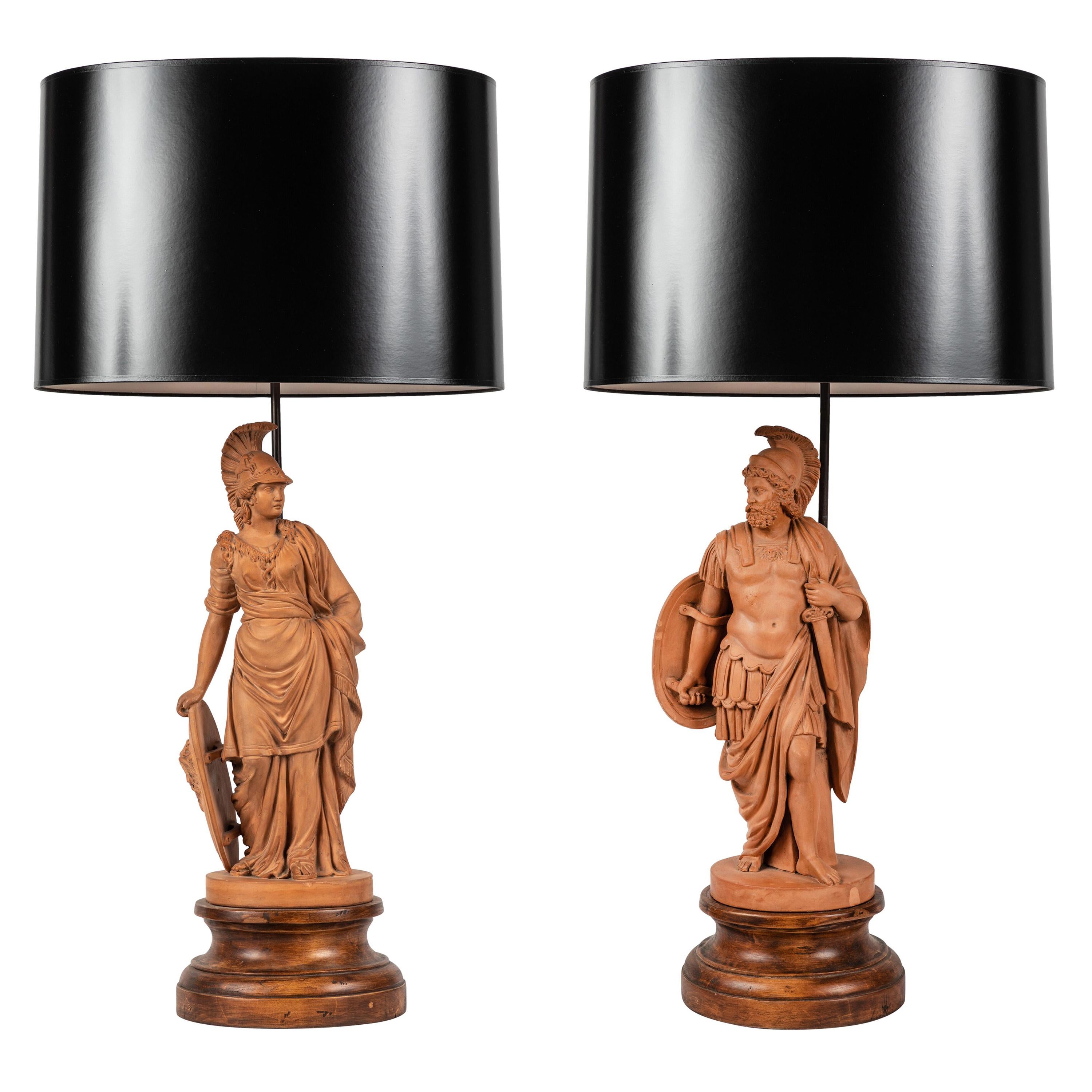 Pair of Terracotta Roman Classical Figures by L. Hjorth as Lamps