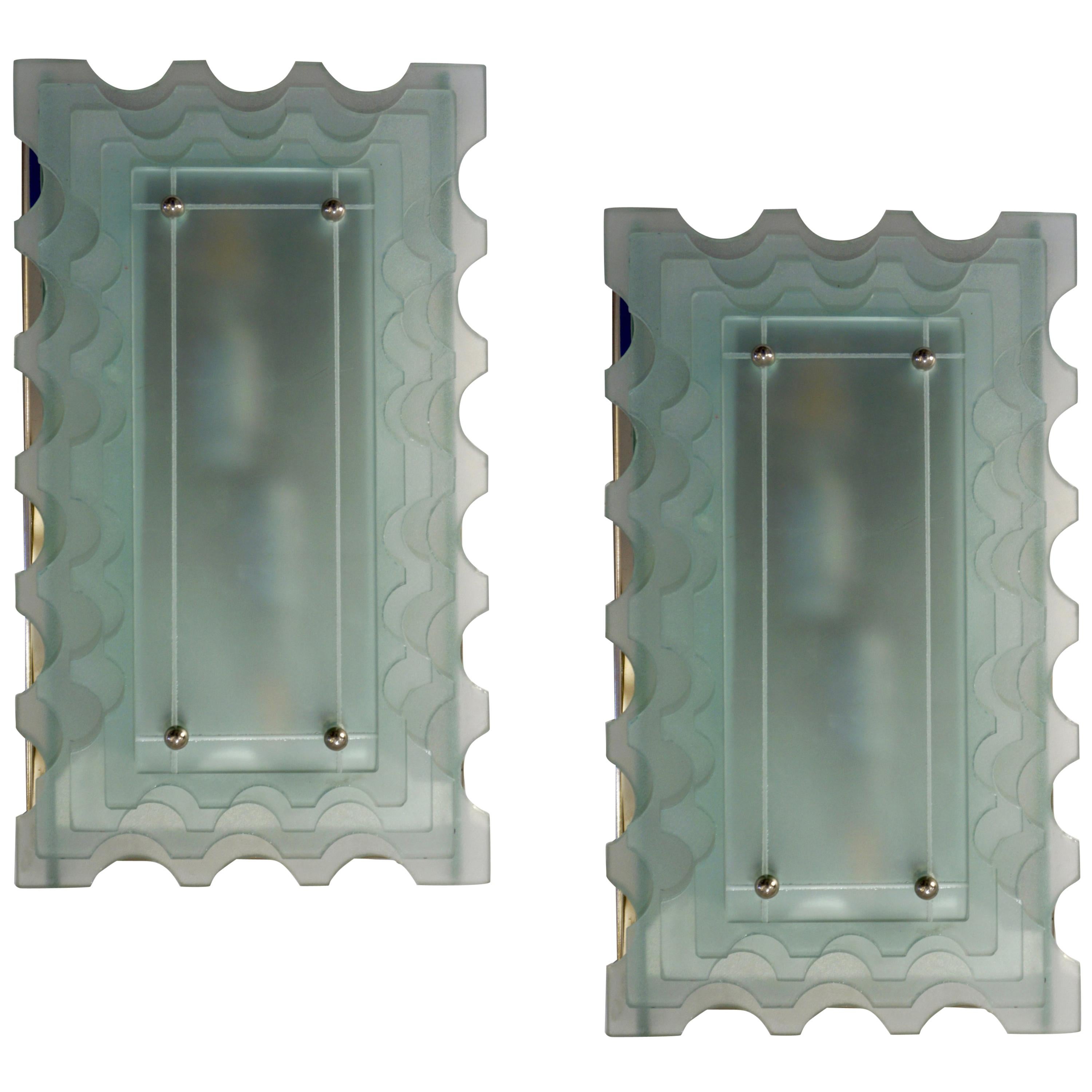1950 Italian Pair of Aqua Art Glass Scalloped Sconces on Rectangular Nickel Base