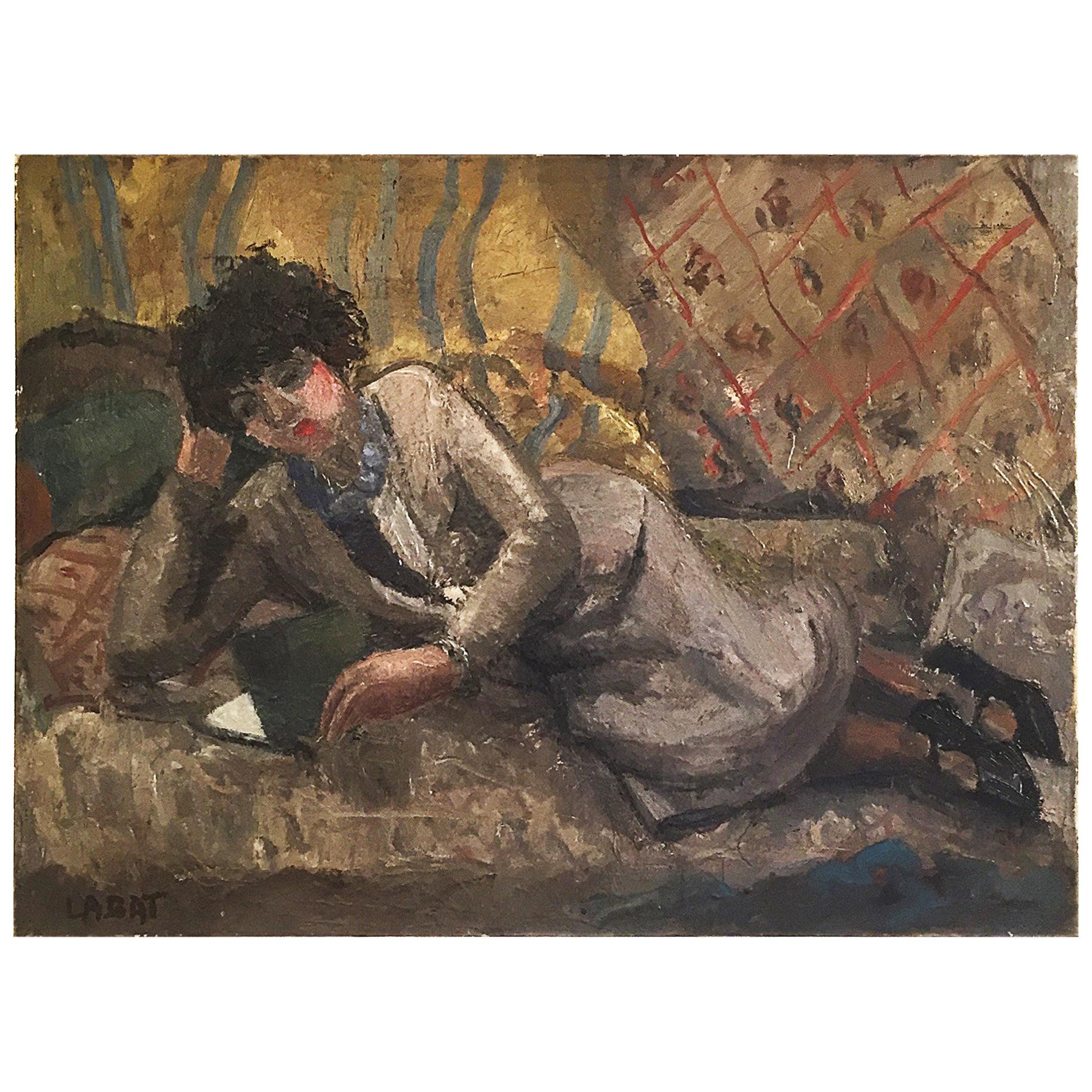 Woman Reading by Fernand Labat, Oil on Canvas Impressionist Painting Antique Art For Sale
