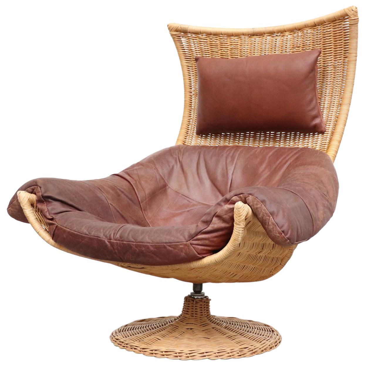 Gerard Van Den Berg Rattan and Leather Lounge Chair for Montis