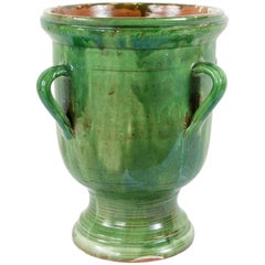 Large Early 20th Century French Green Faience Urn with Handles from Provence