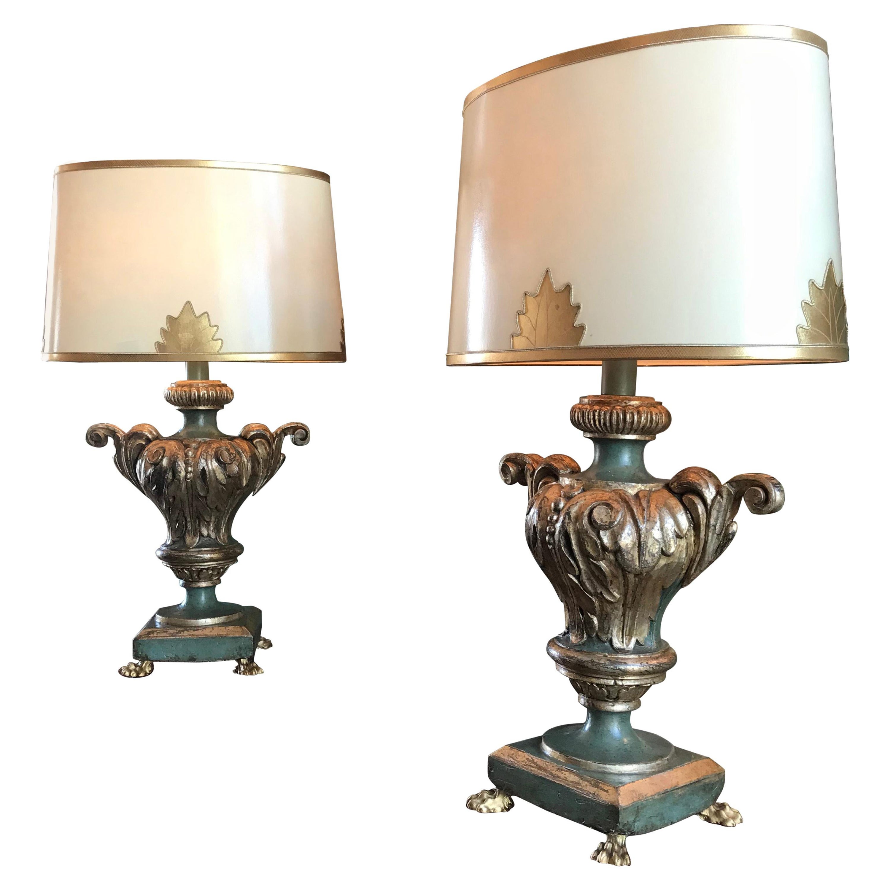 Pair Table Lamps Antique Venetian Carved Wood Urns Gilt Green / Shades & Finial For Sale