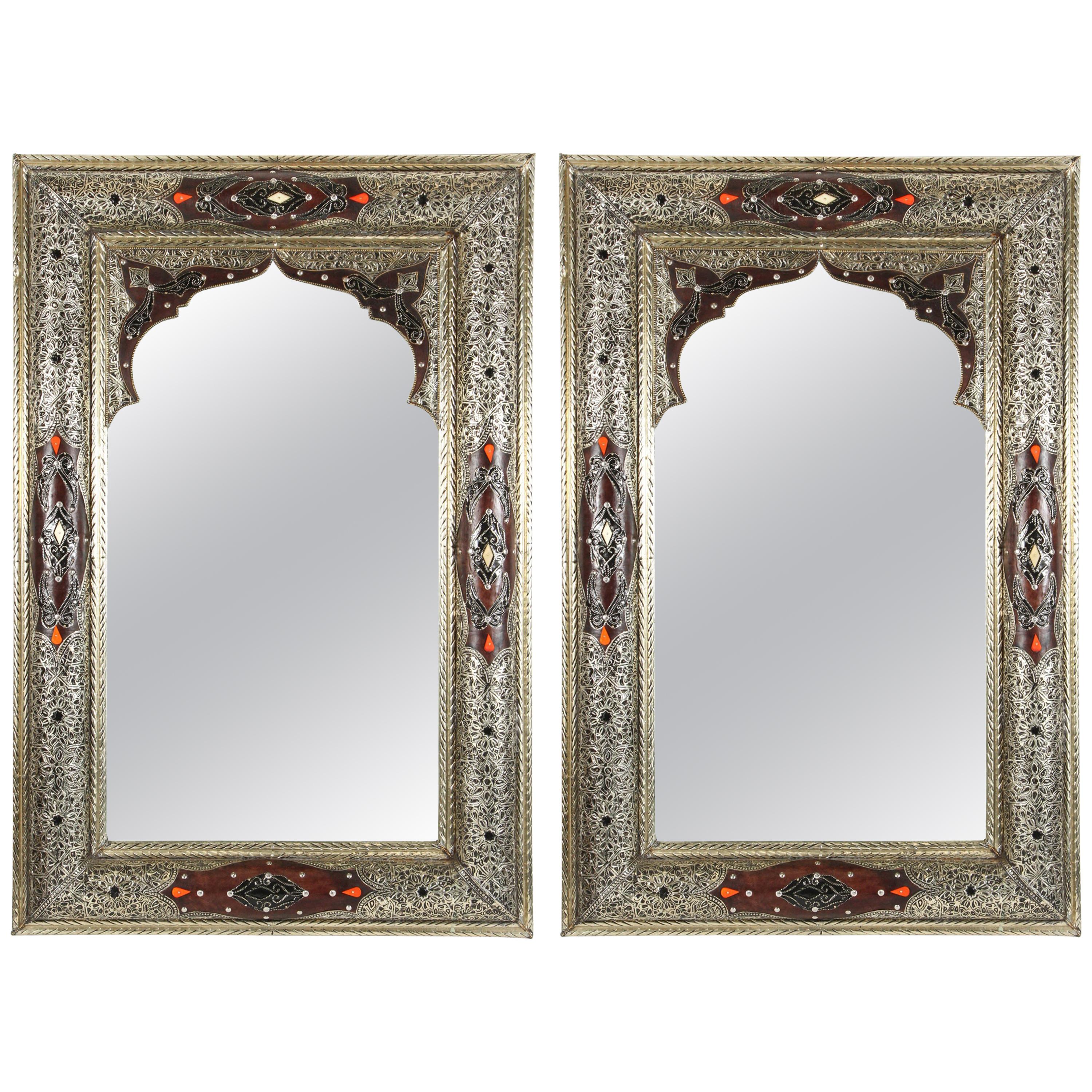 Pair of Moroccan Mirrors with Silvered Metal and Leather Wrapped