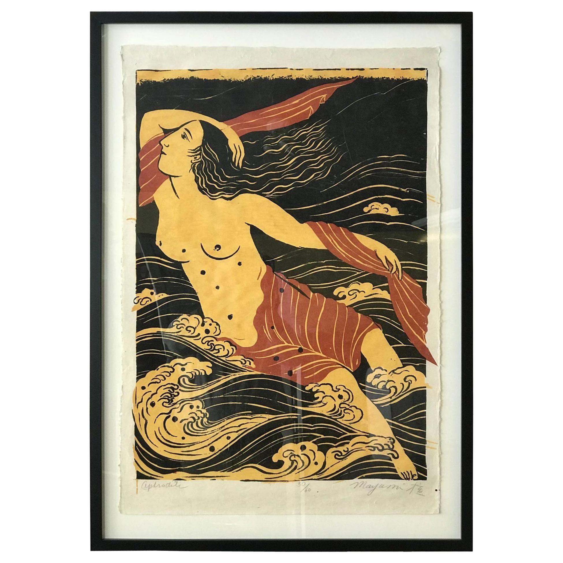 Rare 1978 Japanese Mayumi Oda Signed Print Aphrodite Goddess Series For Sale