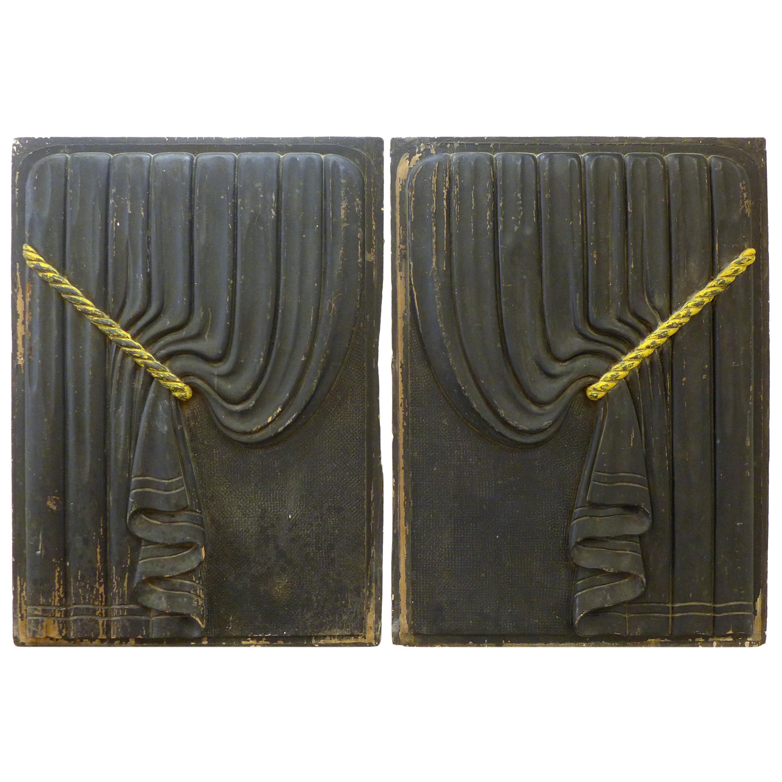 Pair of Early 20th Century Carved Wood Funeral Coach Curtain Panels For Sale