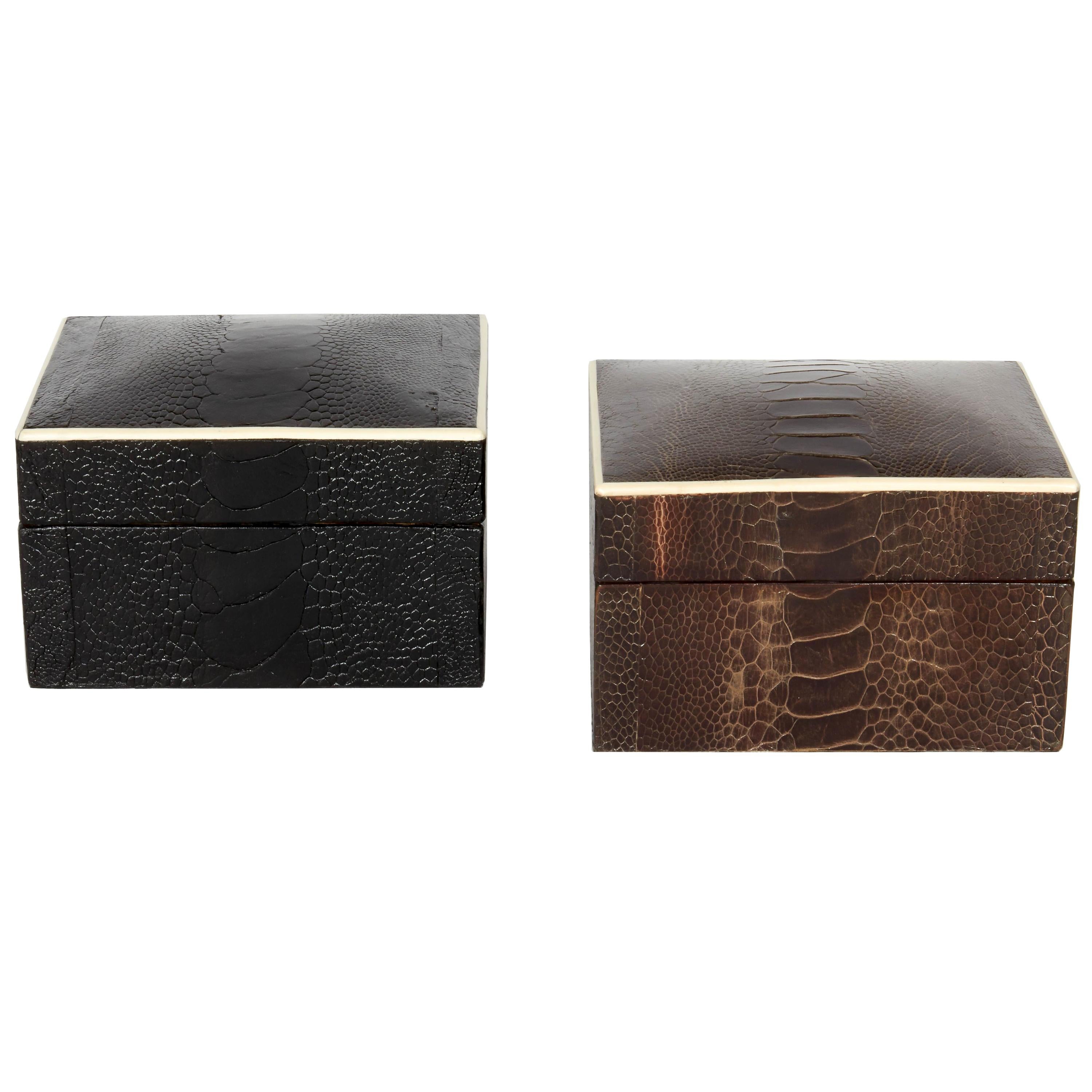 Pair of Exotic Ostrich Leather Decorative Boxes with Bone Inlay ‘Black/Espresso’
