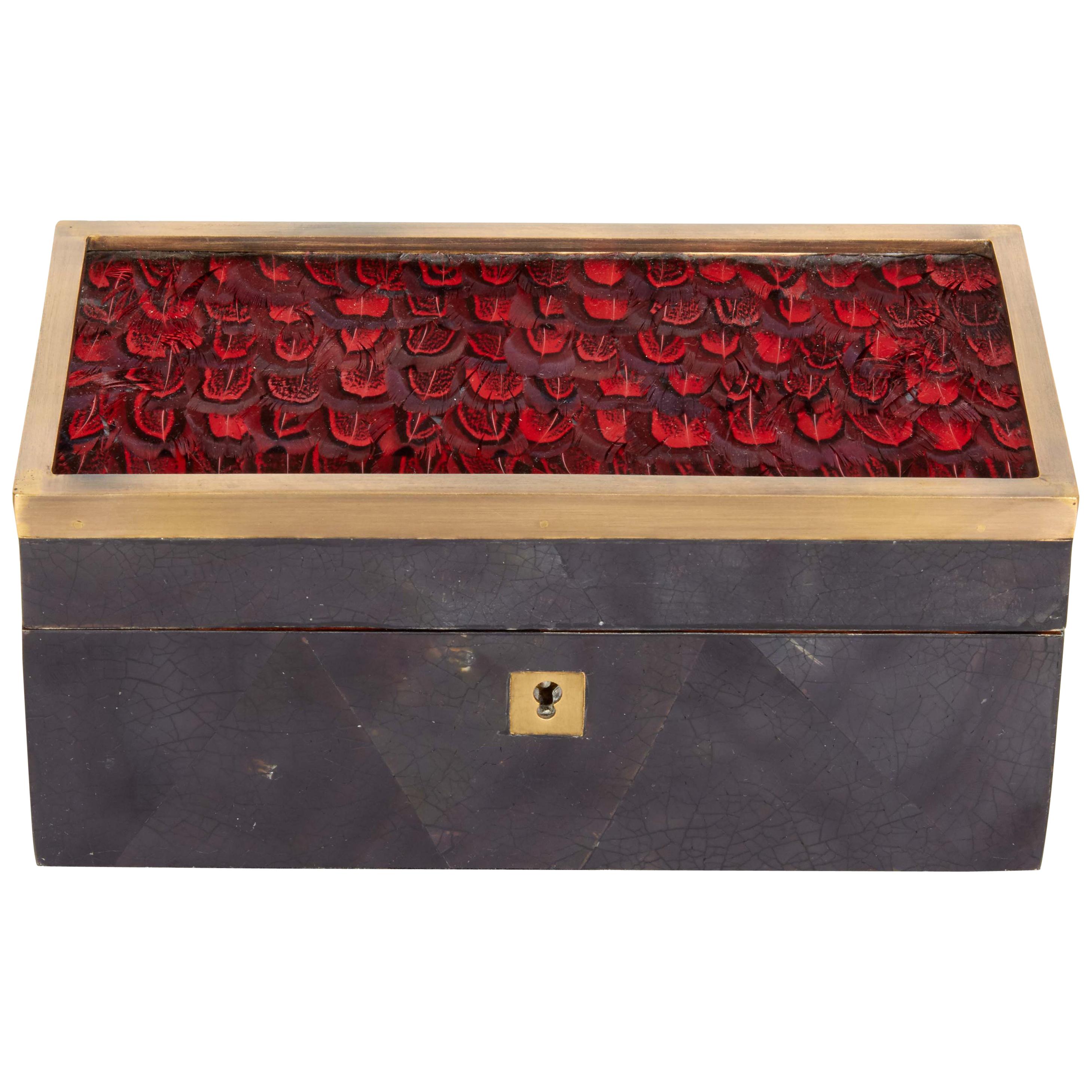 Organic Modern Decorative Box in Lacquered Pen Shell and Exotic Red Feathers