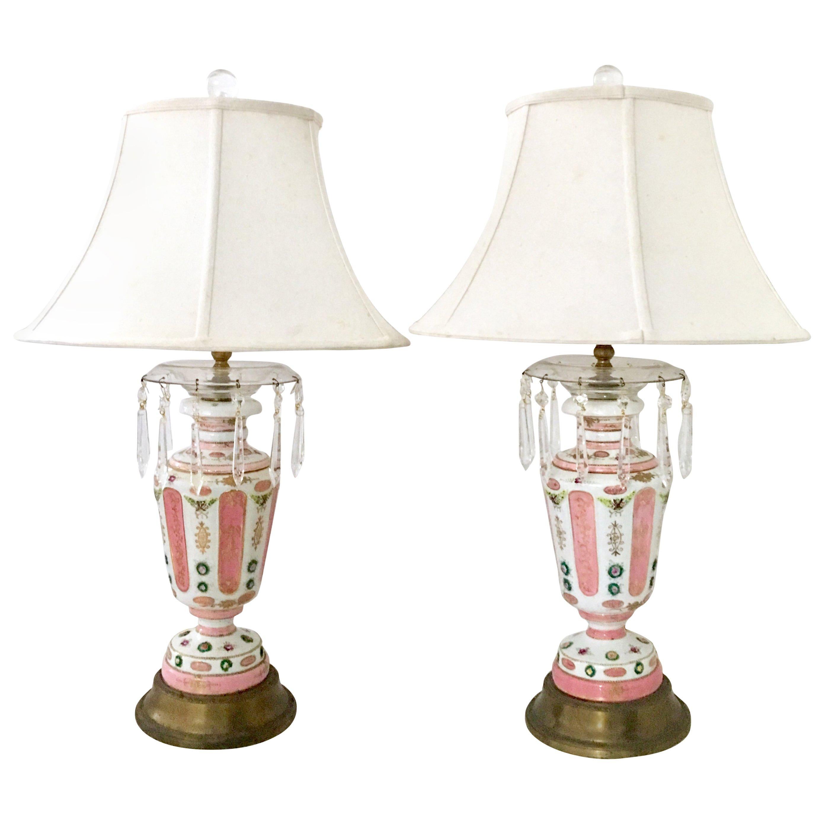 Antique Pair of French Hand Painted Gilt Porcelain and Crystal Prism Lamps For Sale