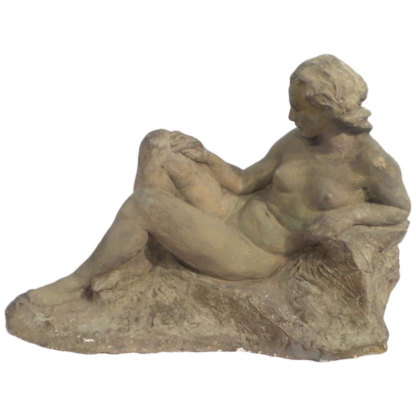 Terracotta Sculpture by Pierre Theunis, Belgium, 1863-1950 "Study of Nude"  For Sale