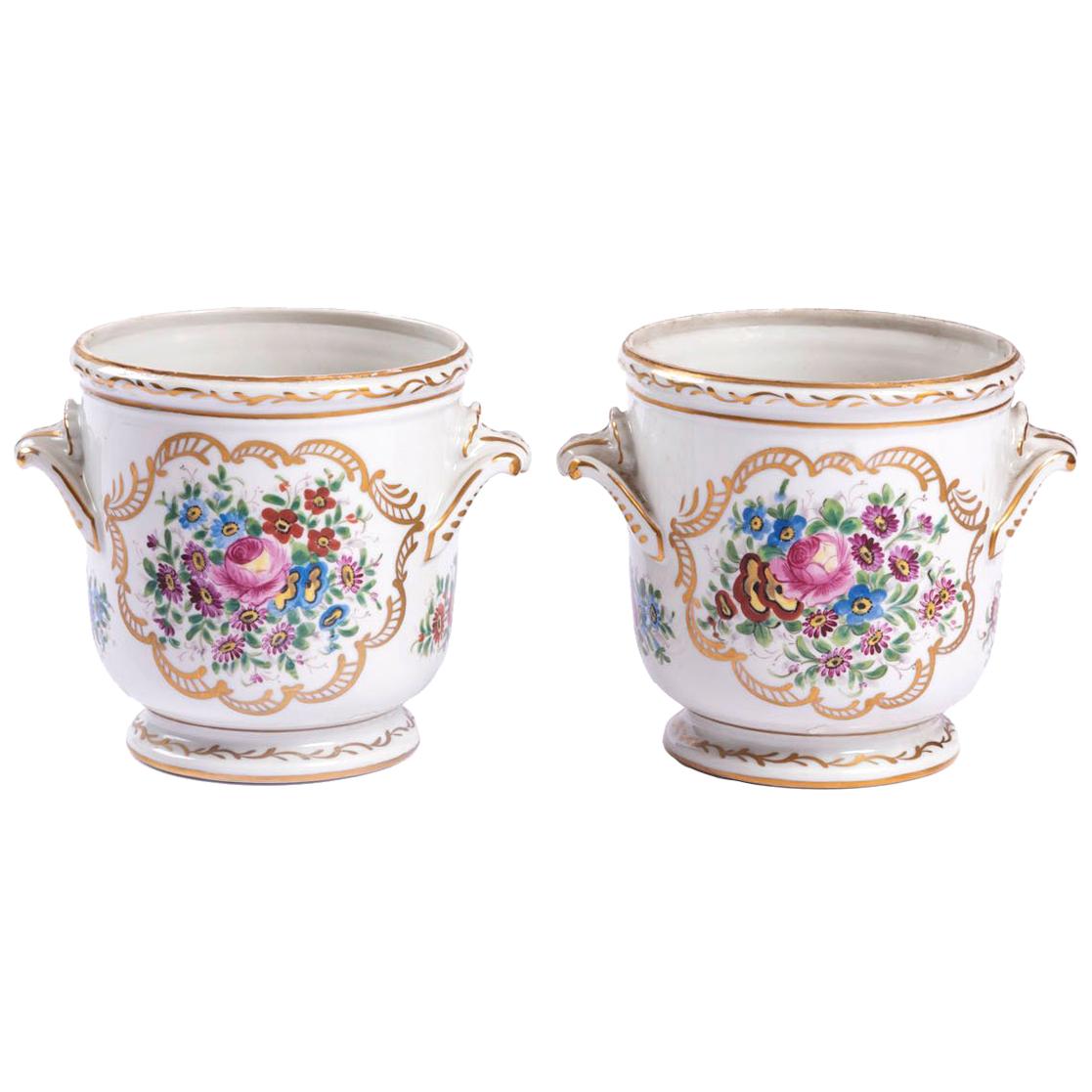 Pair of Limoges Porcelain Coolers with a Decor of Flowers, Early 20th Century
