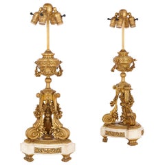 Two Antique Louis XV Style Gilt Bronze and Marble Table Lamps