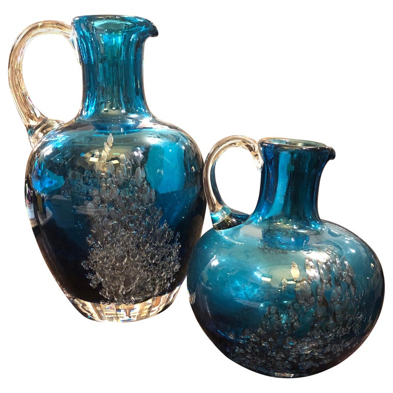 Set of Two Vintage Blue Glass Jugs by Mdina Glass, circa 1980 For Sale