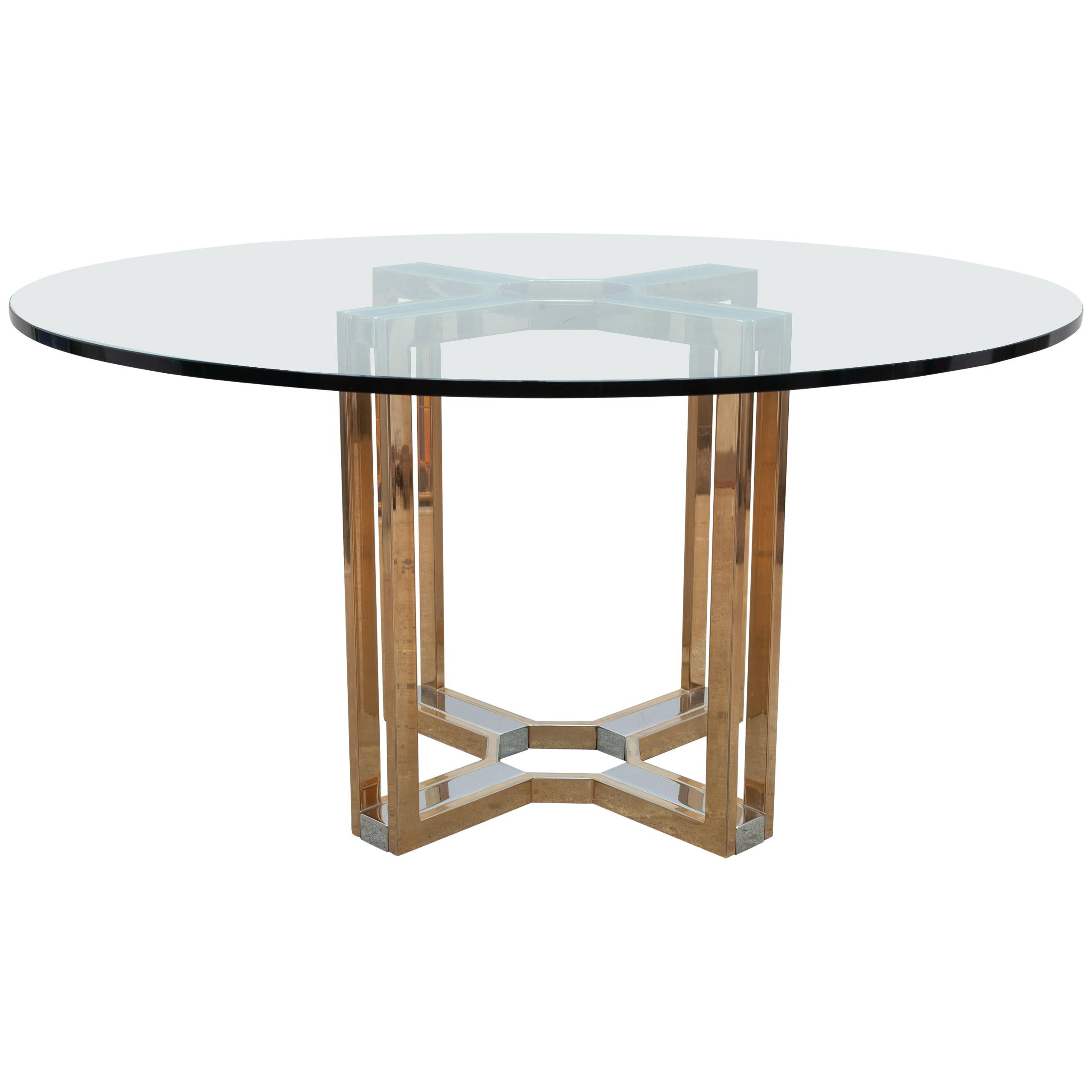 Romeo Rega Gold and Chrome Round Glass Top Centre Table For Sale