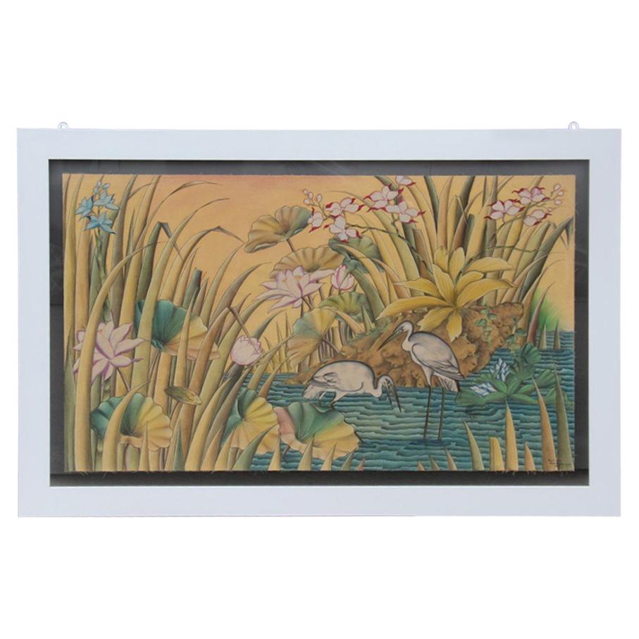 Bali Oil on Fabric Painted with Calla Lily Flowers Water Lilies Very Happy Stork