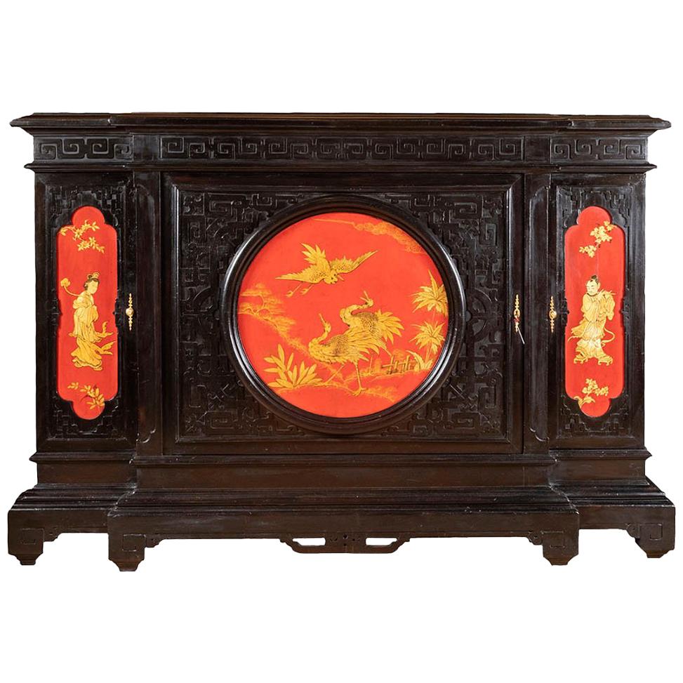 Large Chinese Style Cabinet in Black, Red and Gold Lacquered Wood, circa 1880 For Sale