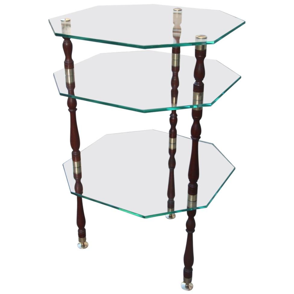 Mesa de centro con múltiples estantes hexagonales de cristal y latón Italiano Años 60